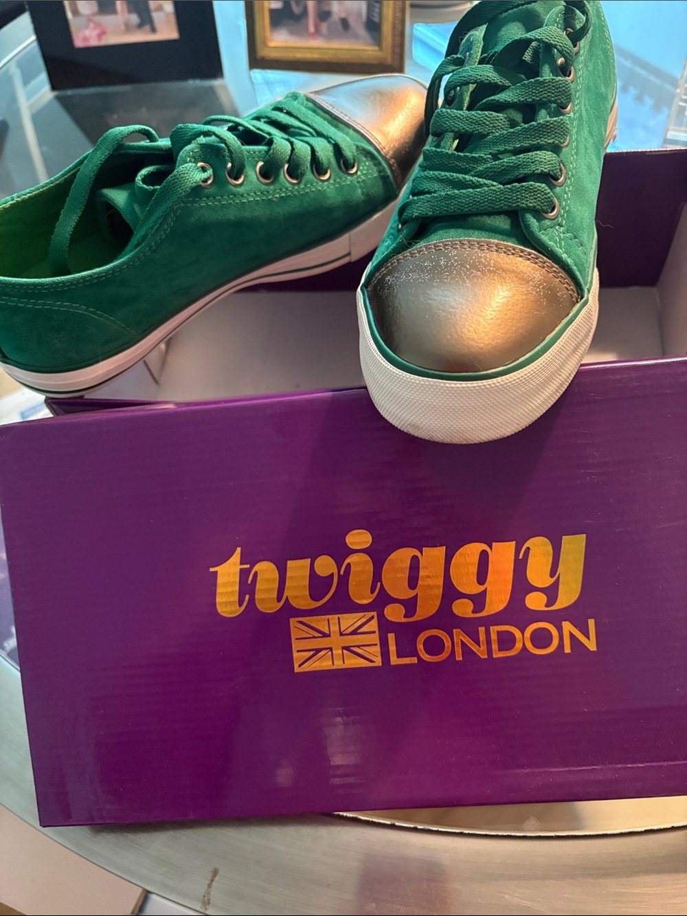 twiggy LONDON Green Sneakers with Metallic Gold Toe